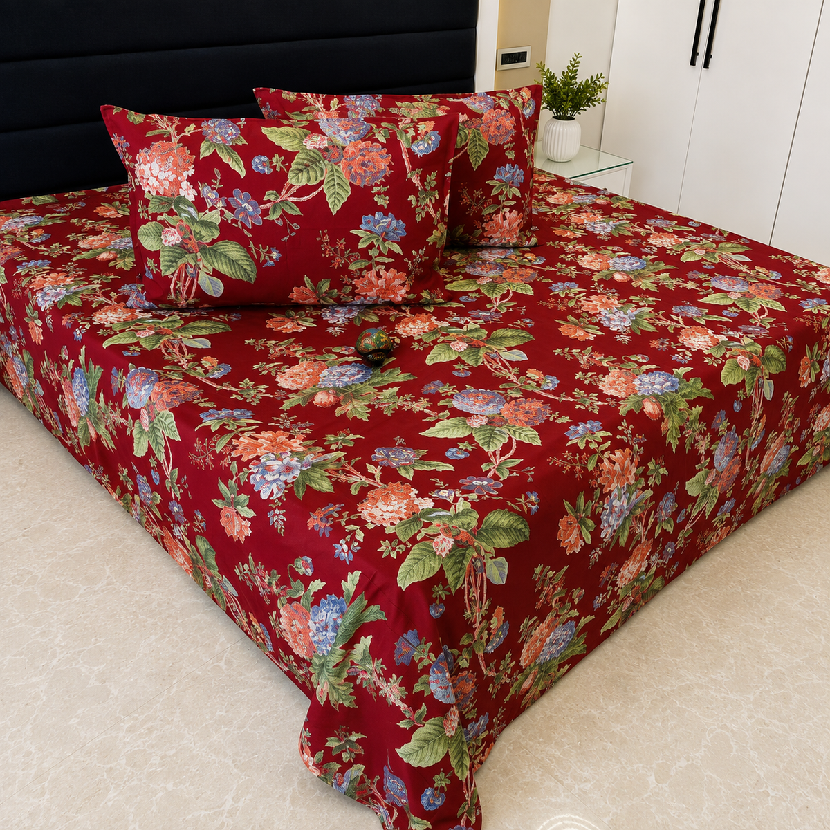 Sitara Burgundy Floral Pure Cotton Bedsheet Set