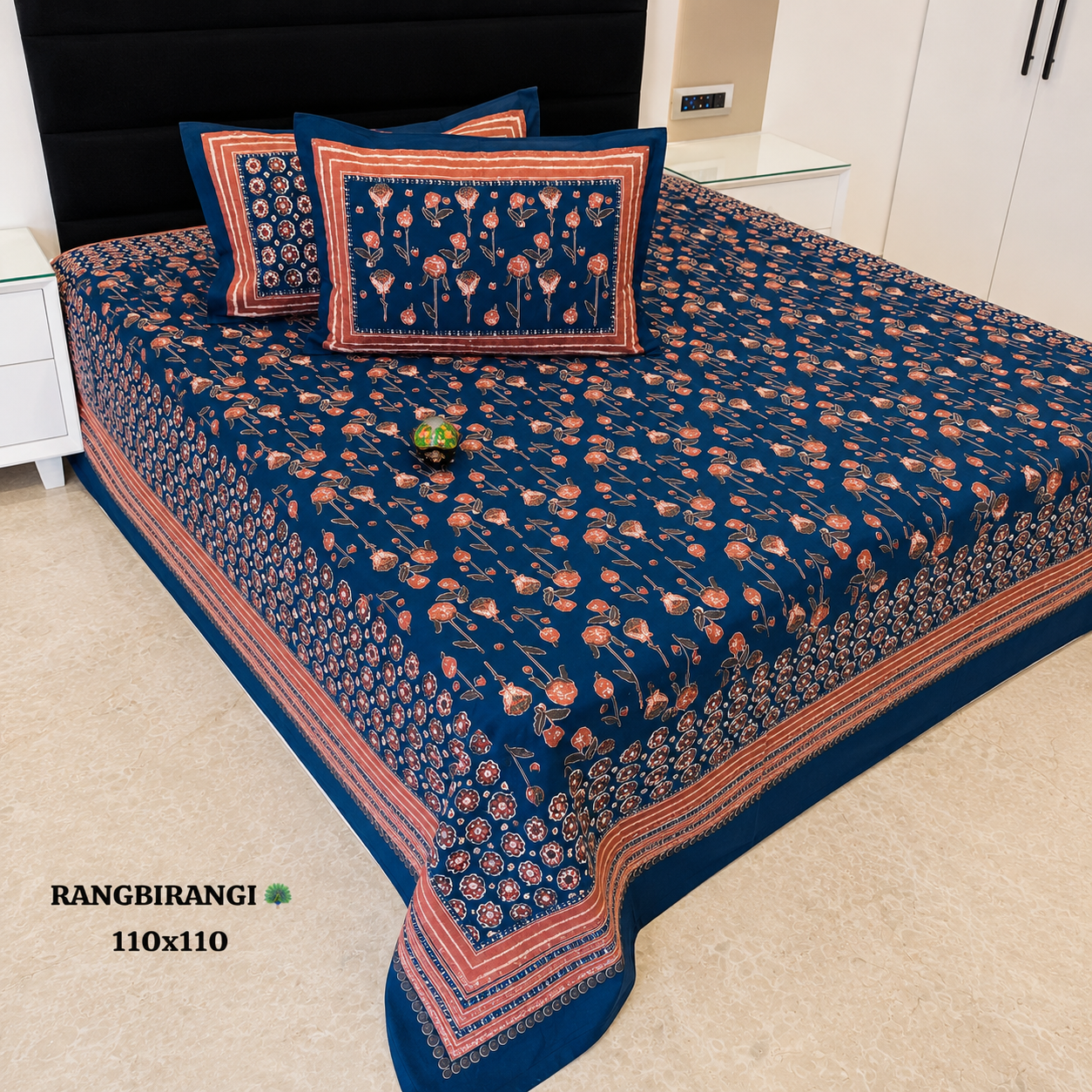 Sitara Navy Blue & Rust Floral Block Print Pure Cotton Bedsheet Set