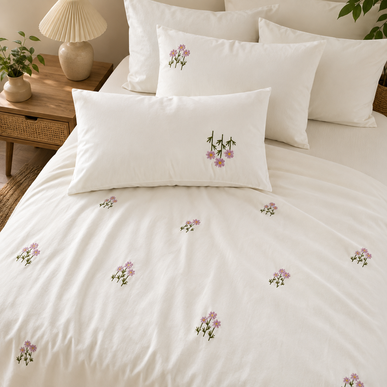 Floral Bloom Embroidered King Size Pure Cotton Bedsheet Set