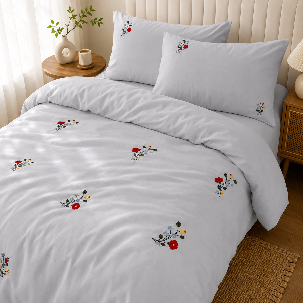 Floral Bloom Embroidered King Size Pure Cotton Bedsheet Set