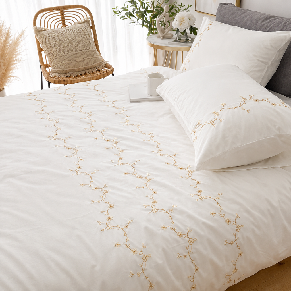 Floral Bloom Embroidered King Size Pure Cotton Bedsheet Set
