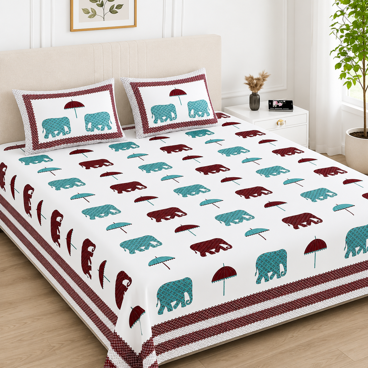 ANARKALI Maroon & Teal Elephant Umbrella Printed King Size Premium Cotton Bedsheet