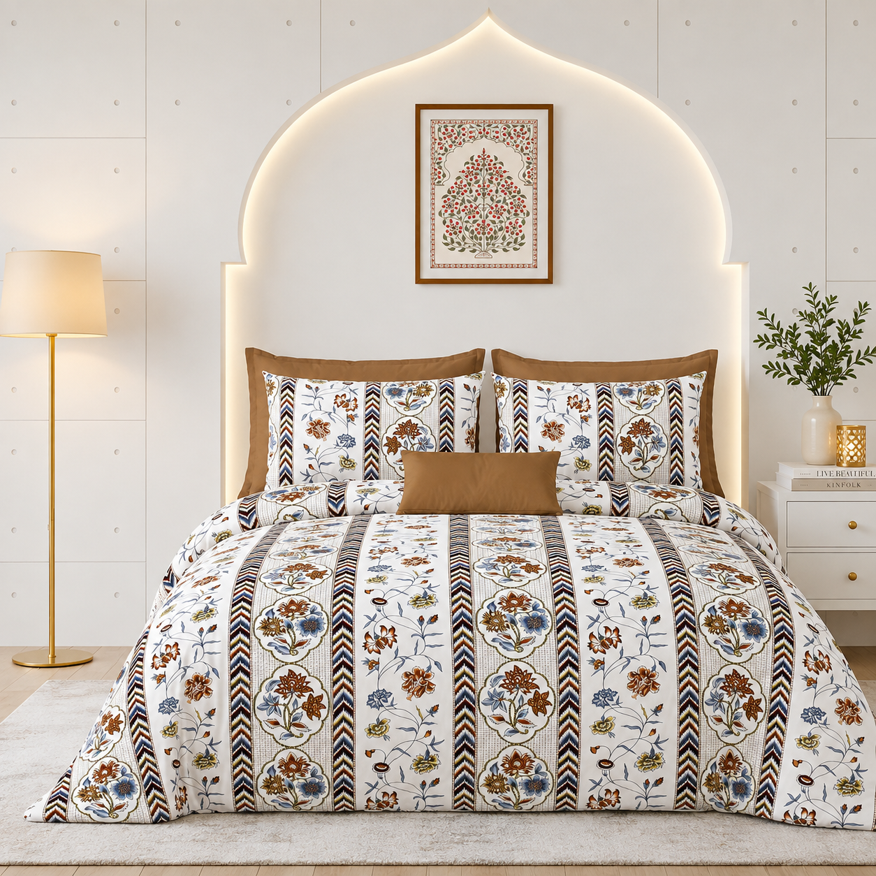 Rainbow Mocha Bloom Premium Cotton King Size Bedsheet Set