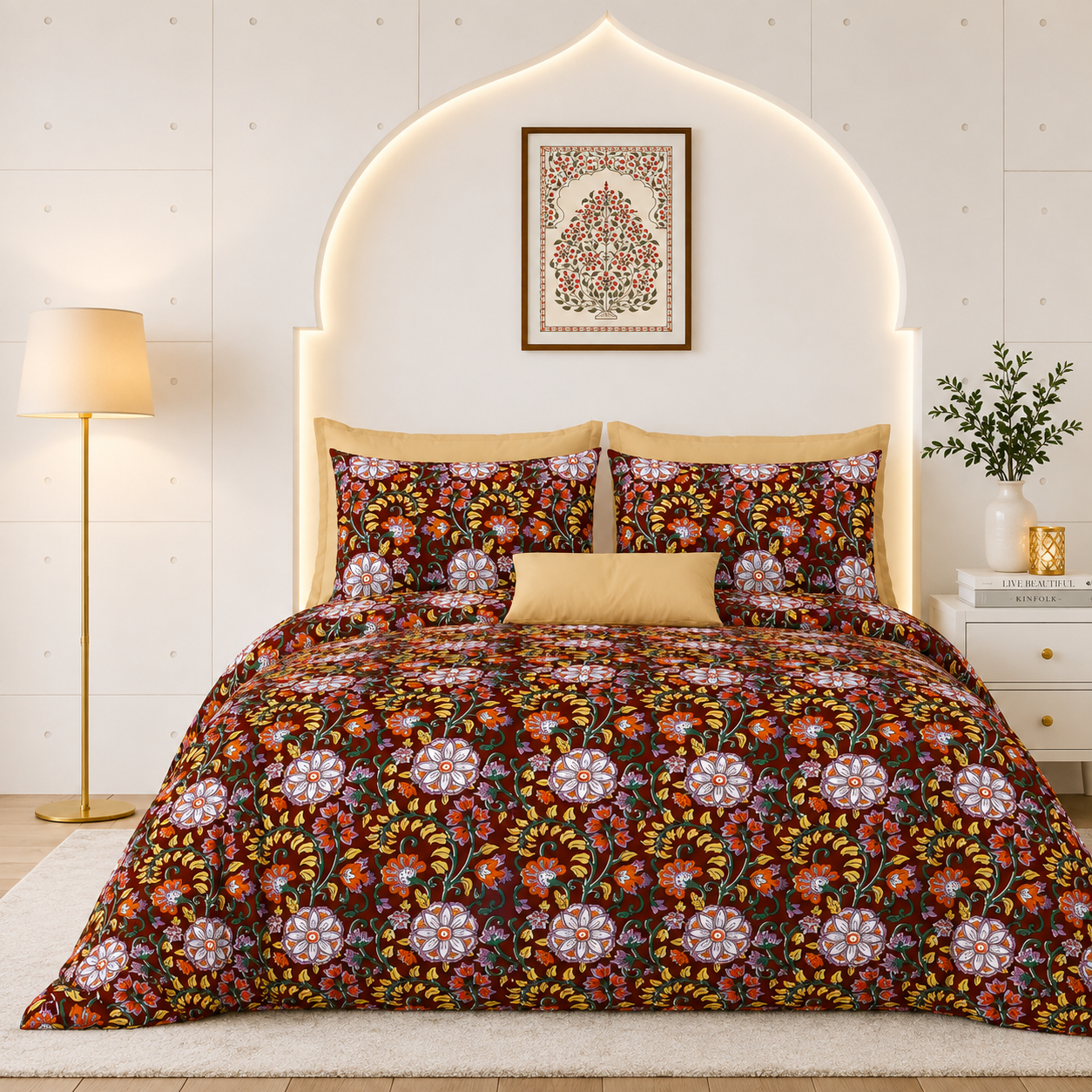Rainbow Crimson Blossom Premium Cotton King Size Bedsheet Set