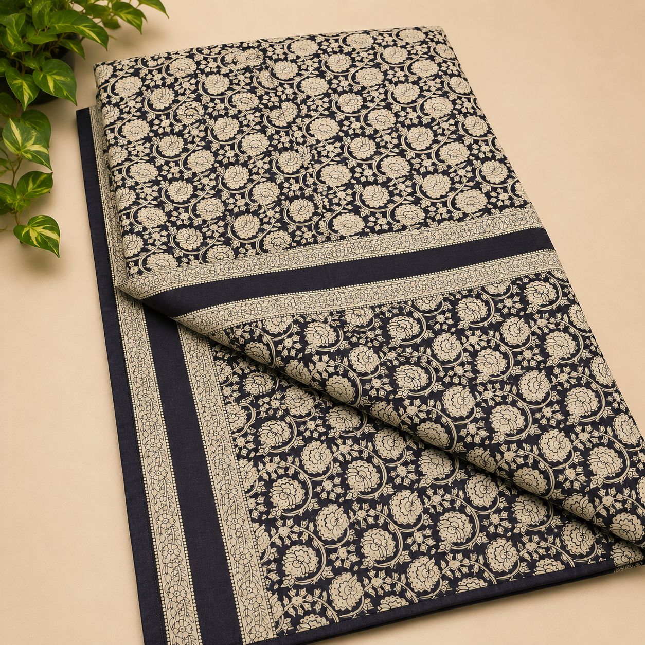 Rangoli Black & Beige Floral Handblock Printed Double Dohar
