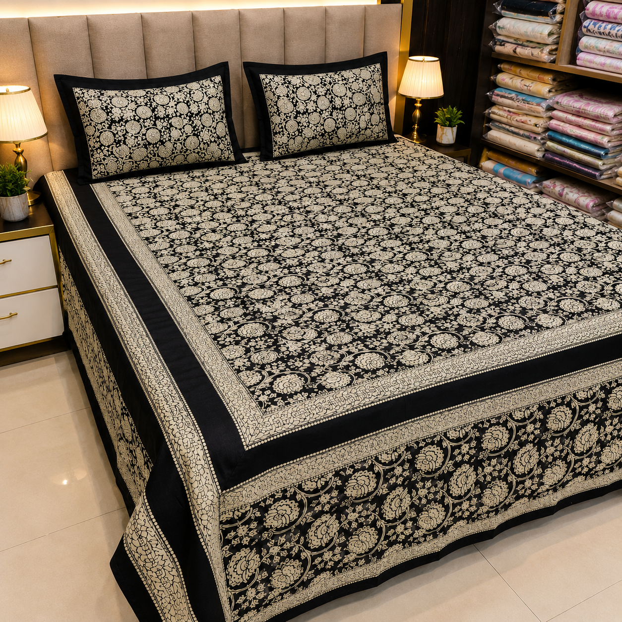 Rangoli Black & Beige Floral Handblock Printed Double Dohar