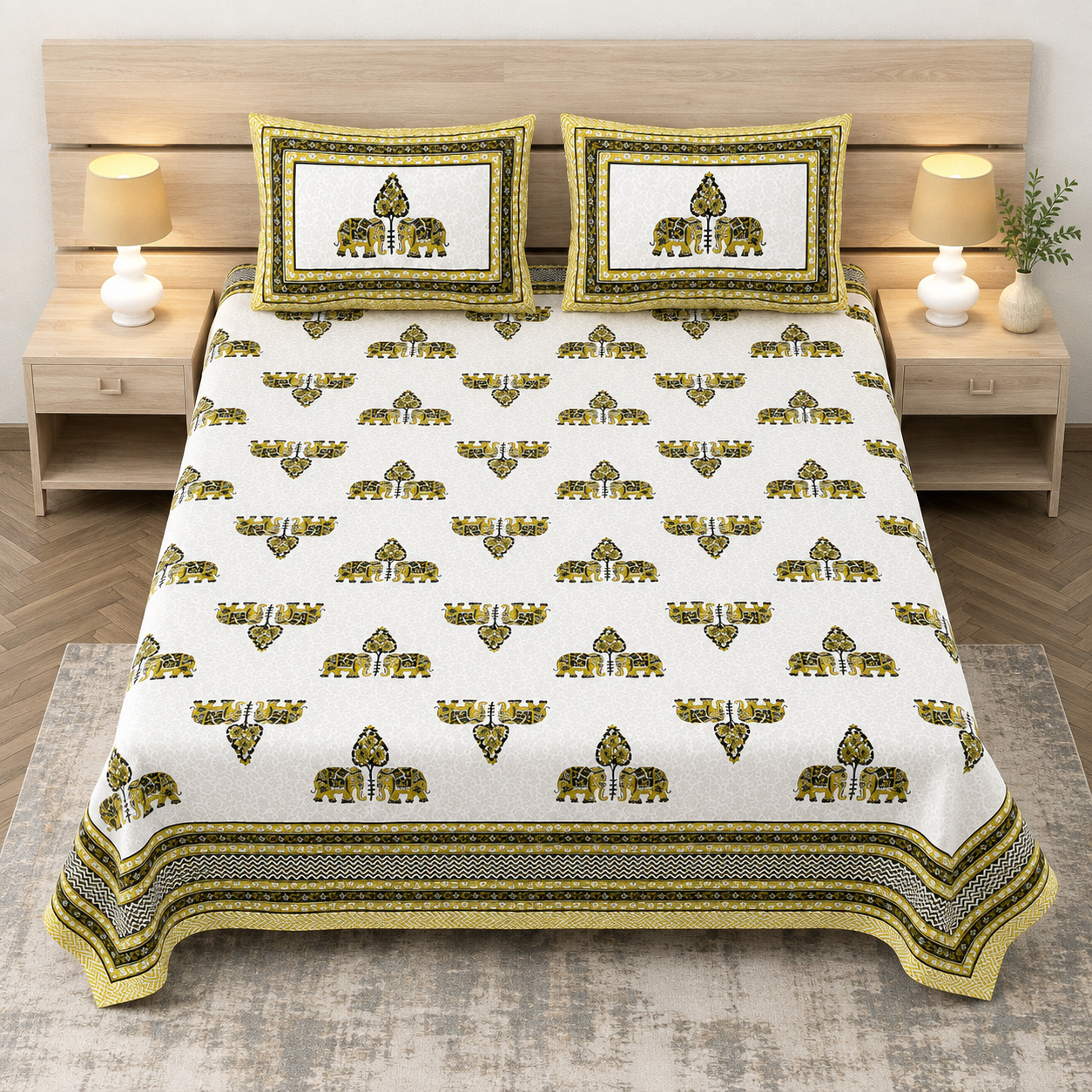 Royal Rajasthani Mustard Elephant Printed King Size Bedsheet