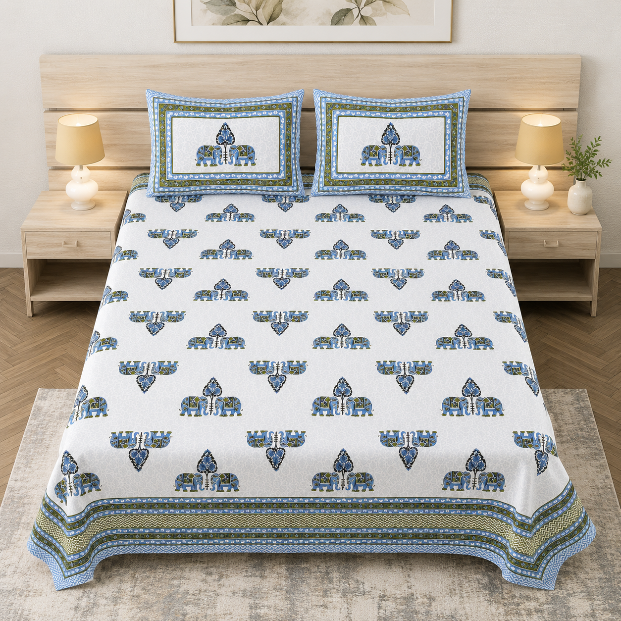 Royal Rajasthani Blue Elephant Printed King Size Bedsheet