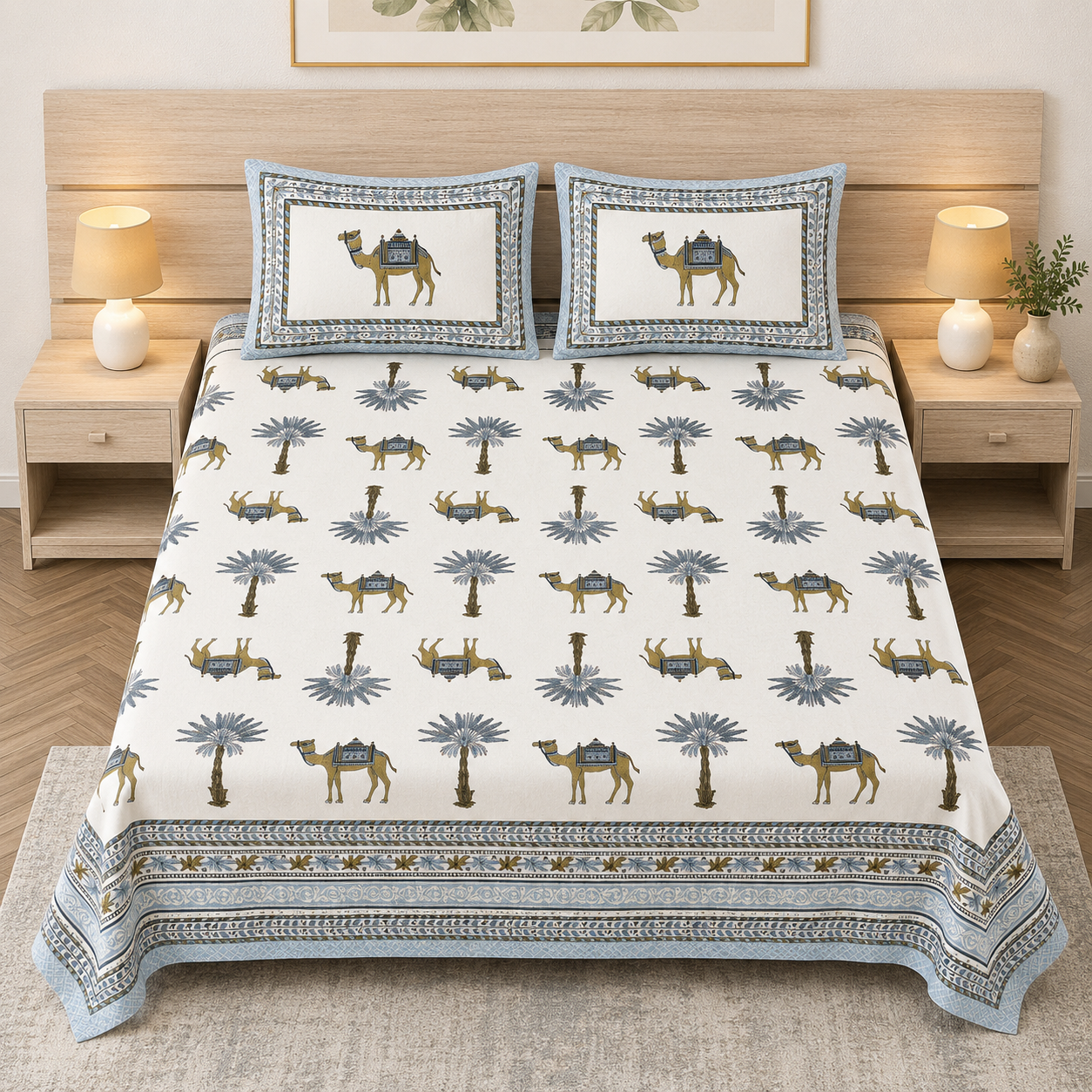 Royal Rajasthani Camel & Palm Printed King Size Bedsheet