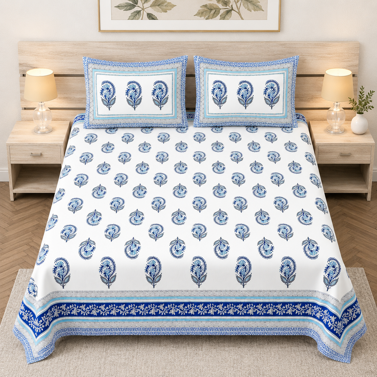 Royal Rajasthani Blue Paisley Printed King Size Bedsheet