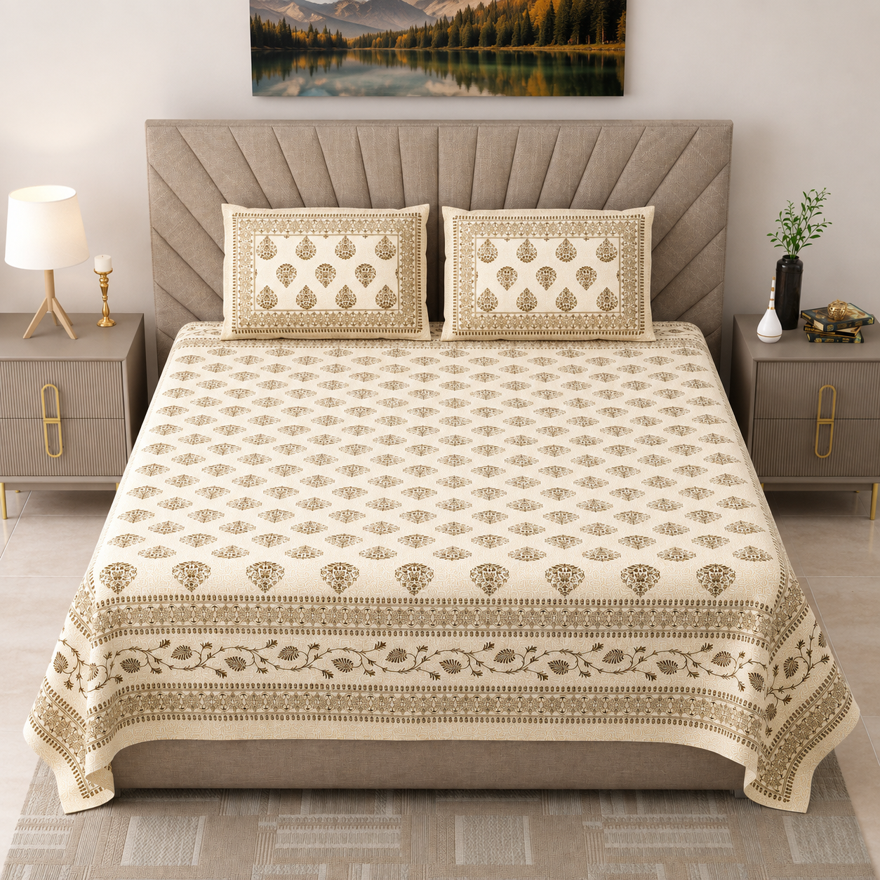 Royal Rajasthani Beige Floral Printed King Size Bedsheet