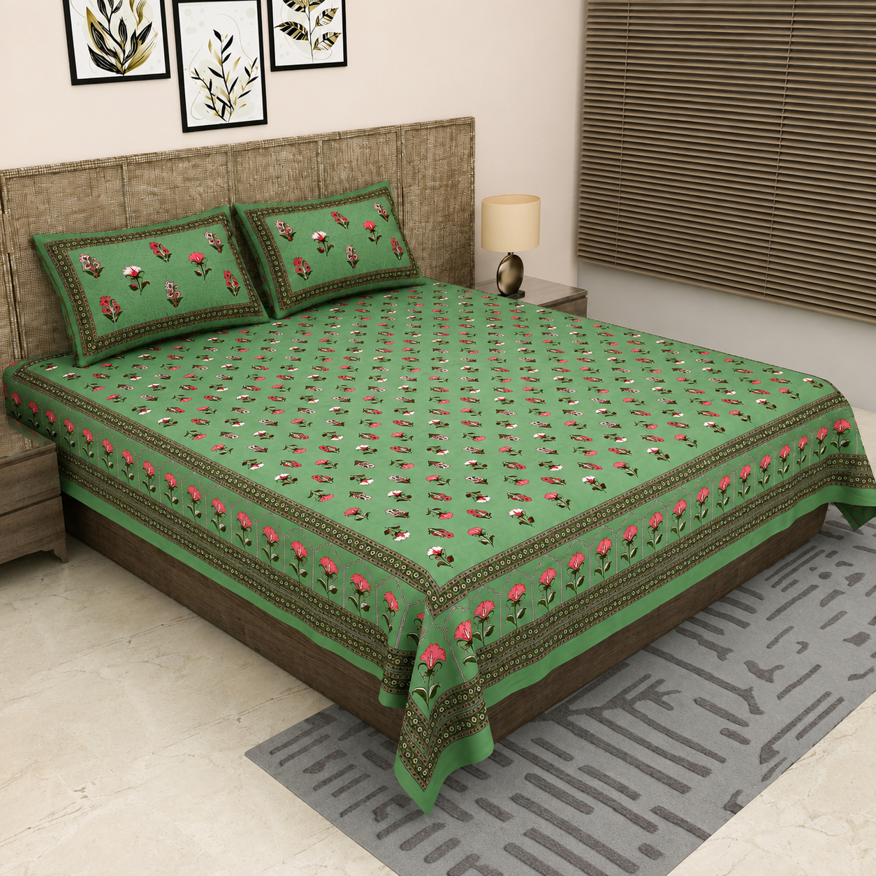 Sitara Green Floral Block Print Pure Cotton Bedsheet Set