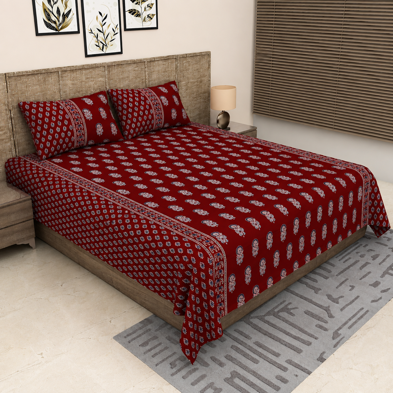 Sitara Maroon Paisley Block Print King Size Pure Cotton Bedsheet Set