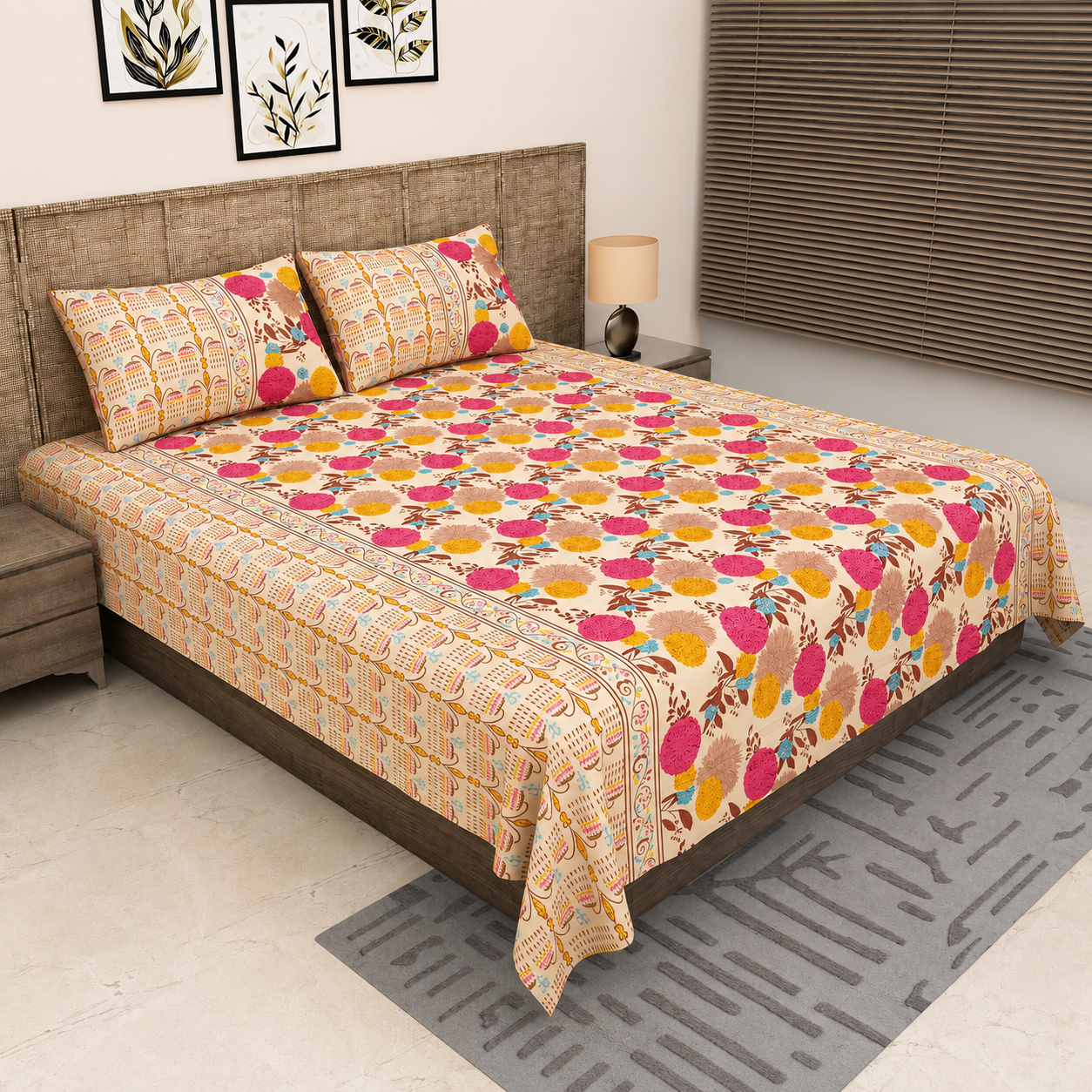 Sitara Cream Pink Floral Block Print King Size Pure Cotton Bedsheet Set