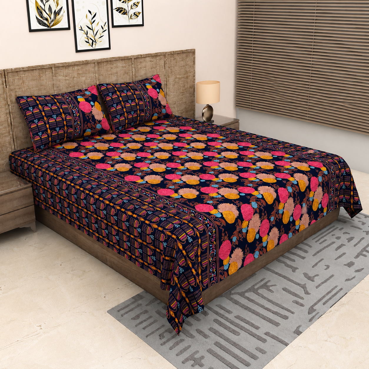 Sitara Navy Blue Floral Block Print King Size Pure Cotton Bedsheet Set