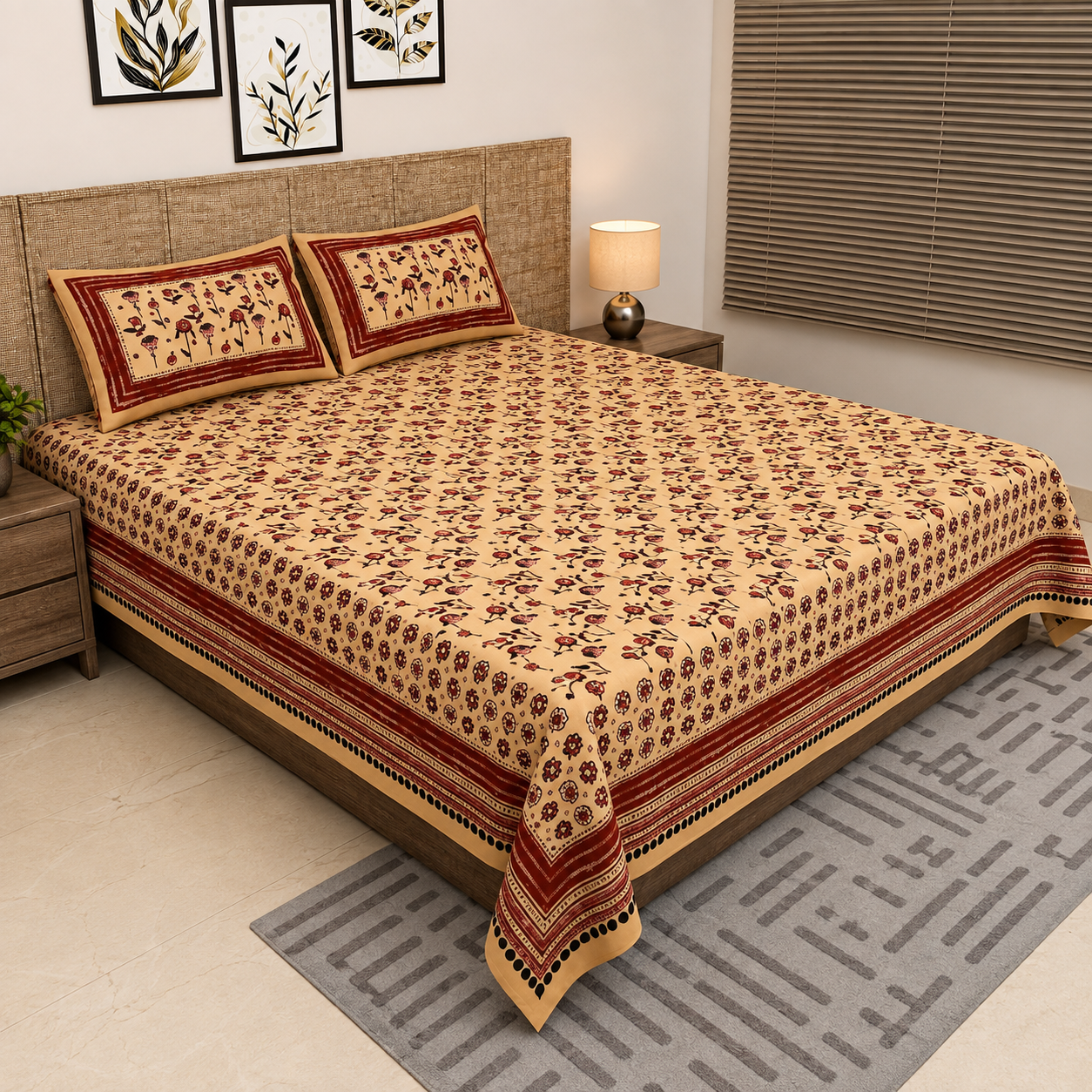 Sitara Beige Maroon Floral Block Print King Size Pure Cotton Bedsheet Set