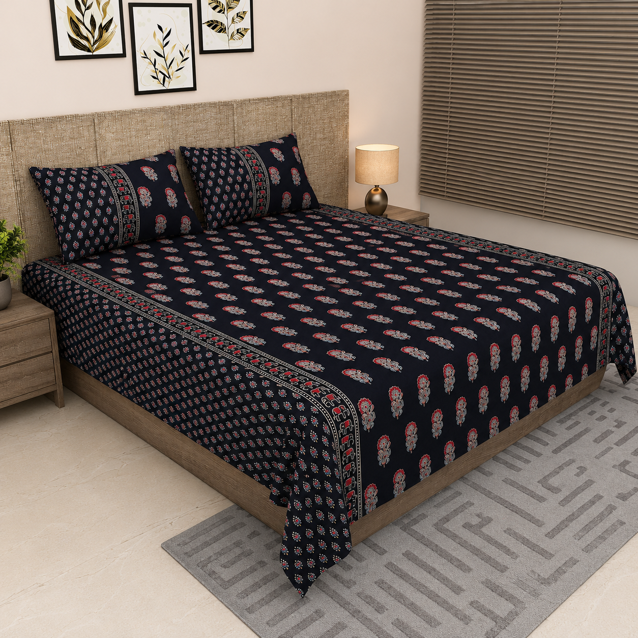 Sitara Black Red Floral & Paisley Block Print King Size Pure Cotton Bedsheet Set