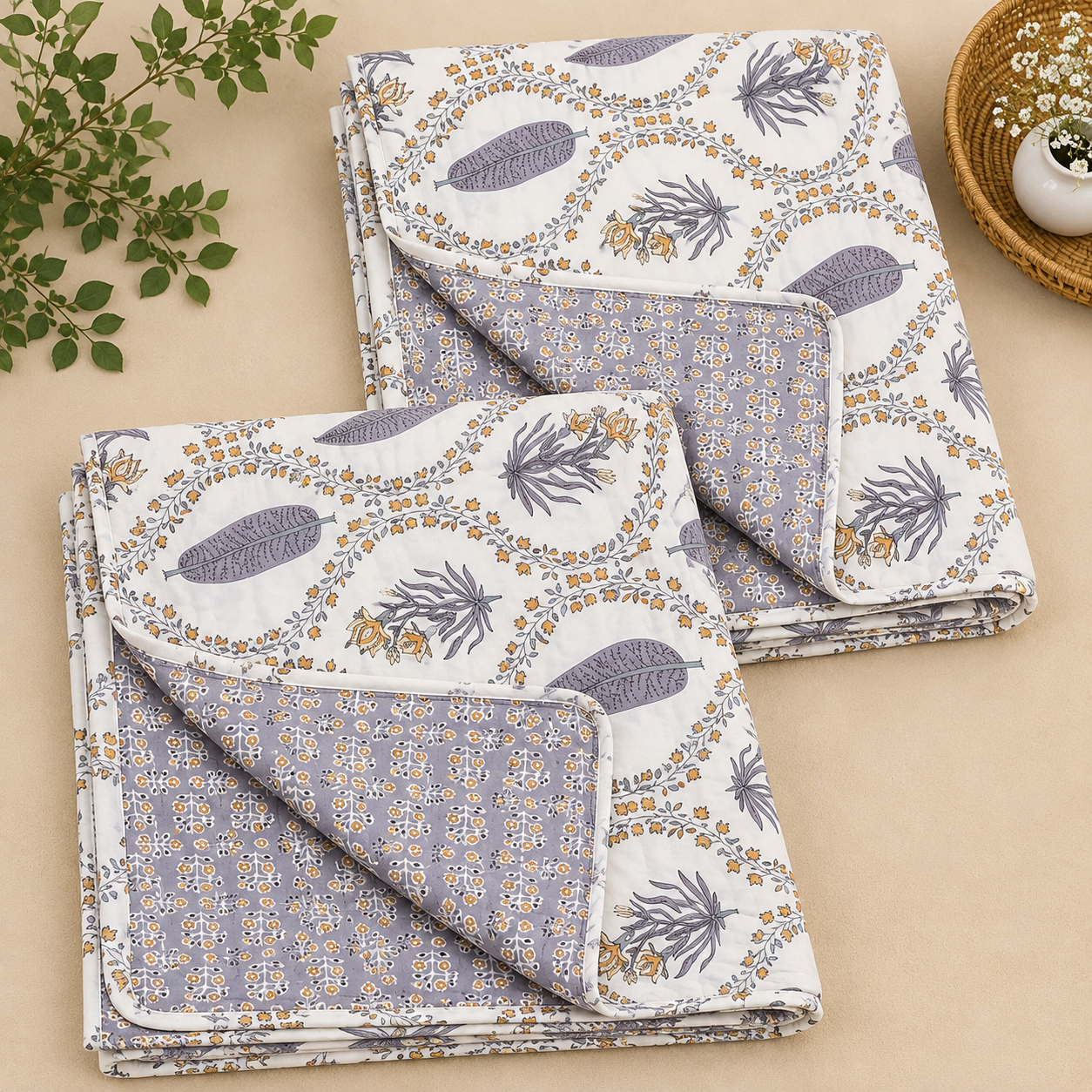 Gulzar Elegant Grey & Mustard Floral Printed 2 Piece Single Bed Dohar Set