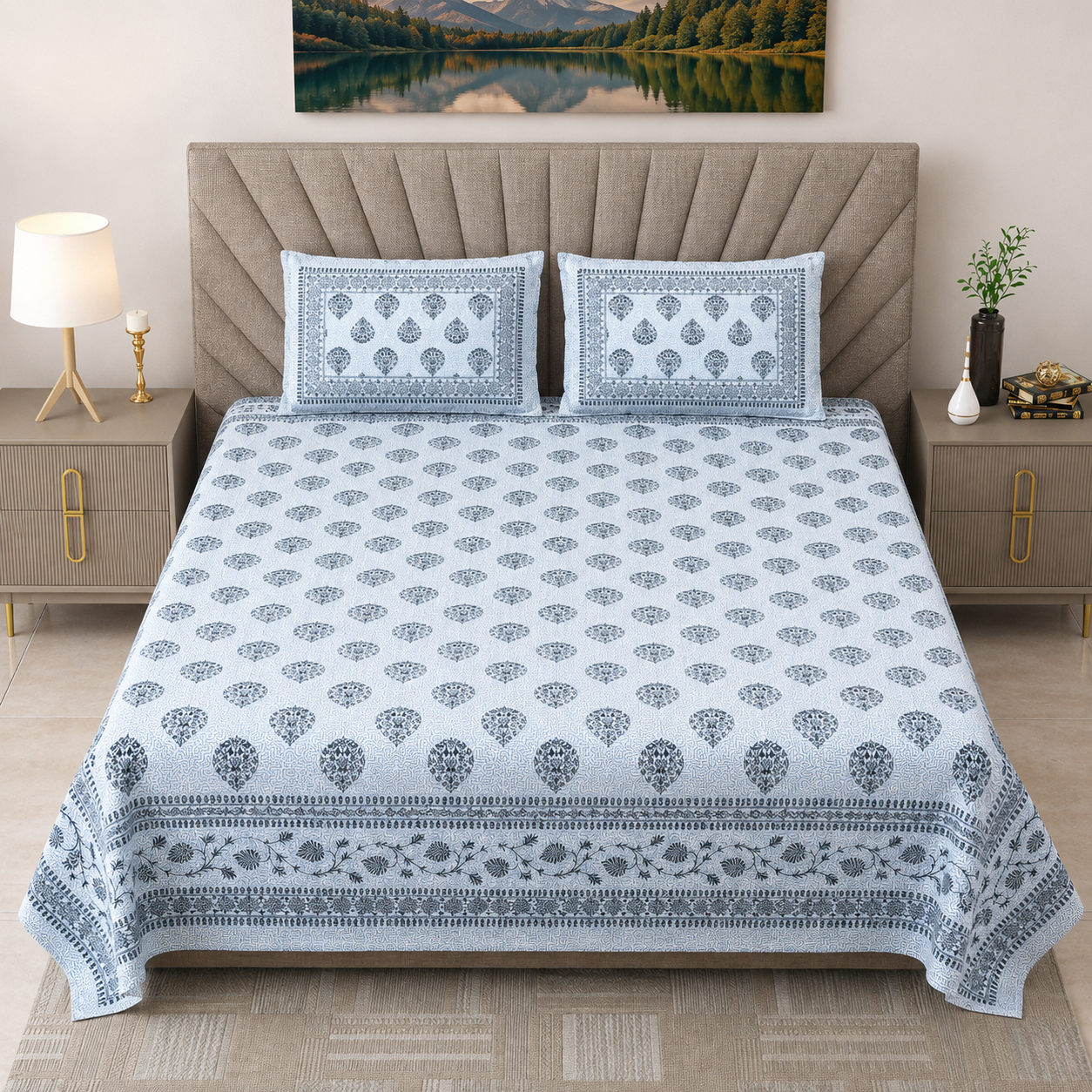 Royal Rajasthani Blue Floral Printed King Size Bedsheet