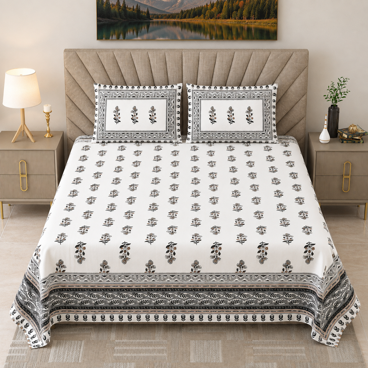 Royal Rajasthani Black & White Floral Printed King Size Bedsheet