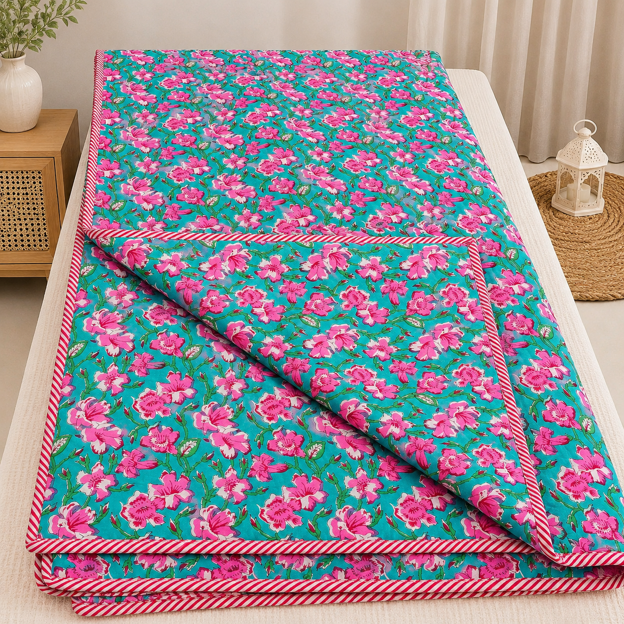 Rangoli Multicolor Floral Handblock Printed Double Dohar
