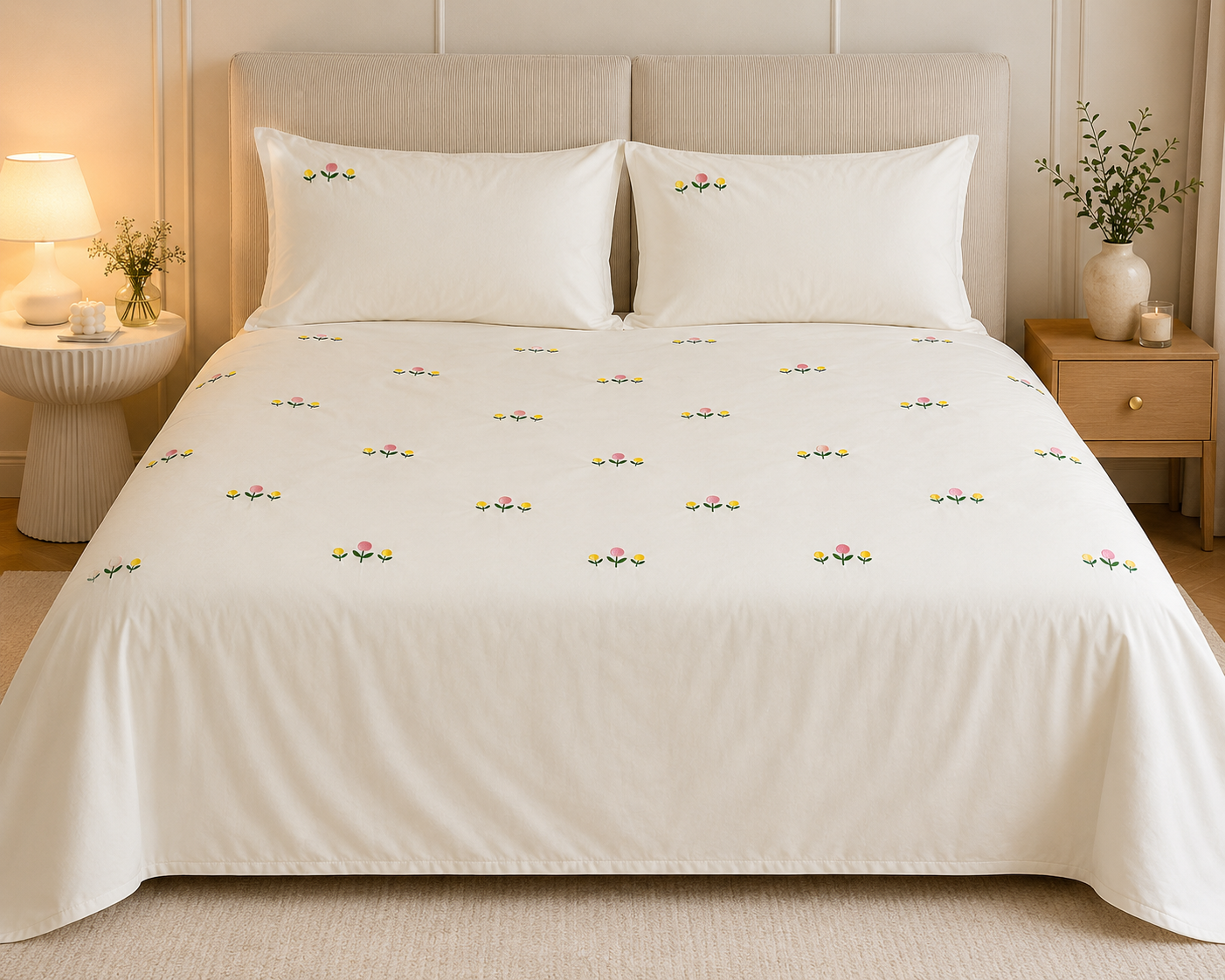Floral Bloom Pure Cotton King-Size Floral Embroidered Bedsheet Set
