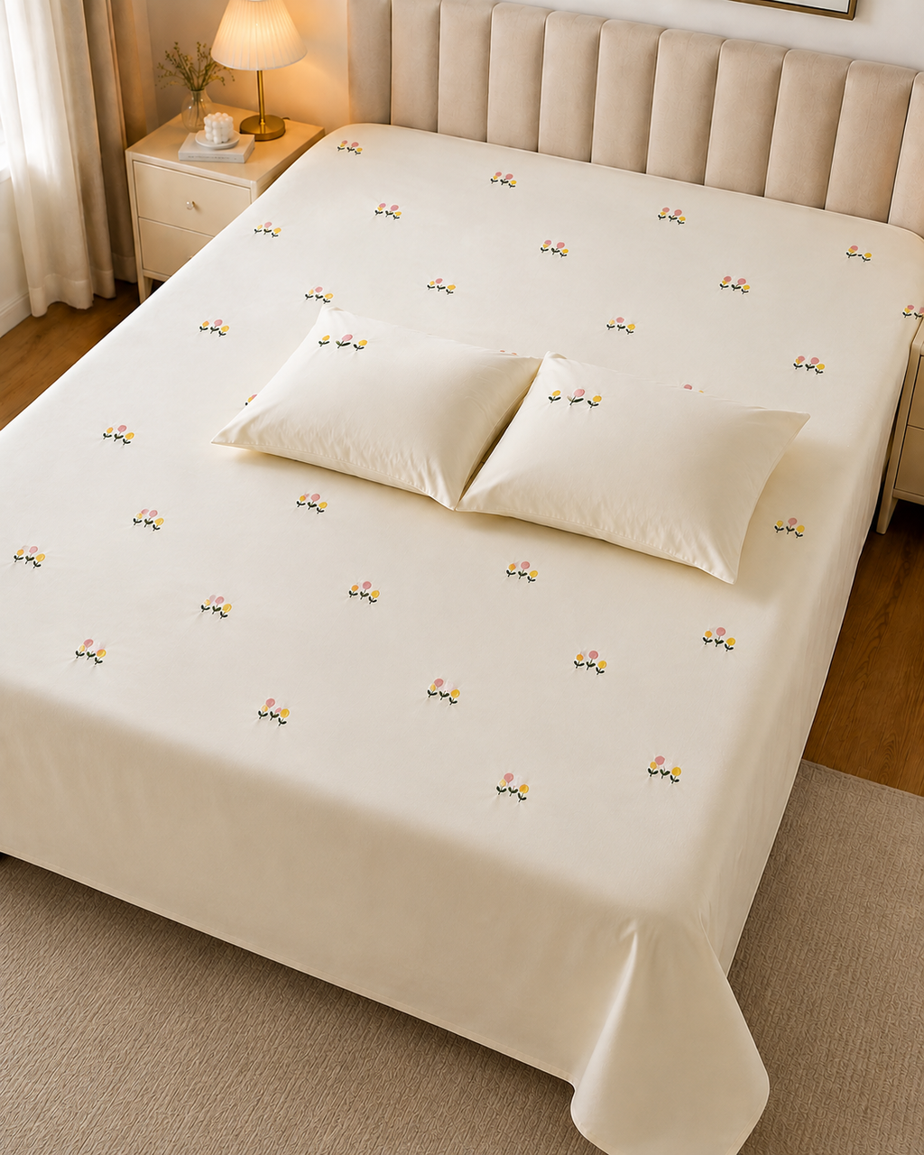 Floral Bloom Pure Cotton King-Size Floral Embroidered Bedsheet Set