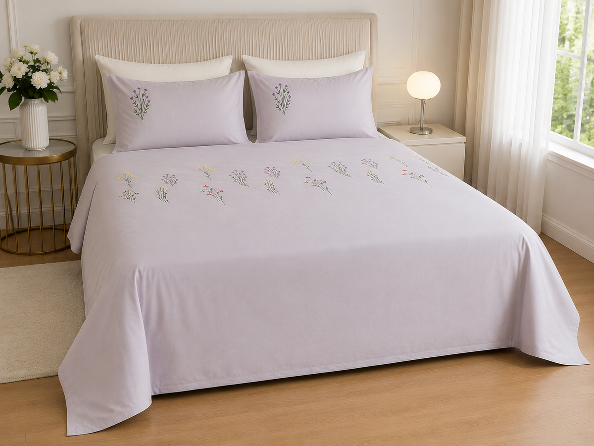 Floral Bloom Premium Pure Cotton King-Size Lavender Multicolor Floral Embroidered Bedsheet Set