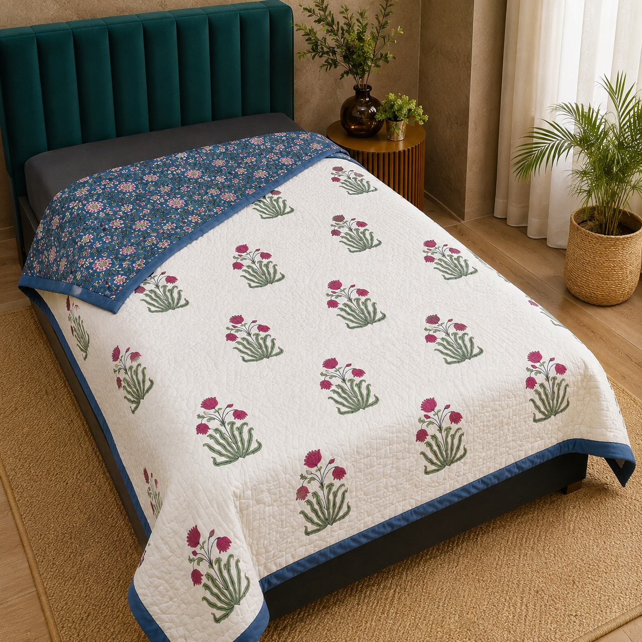 Elora Luxury Handblock Printed Single Bed Pure Mul Cotton AC Quilt