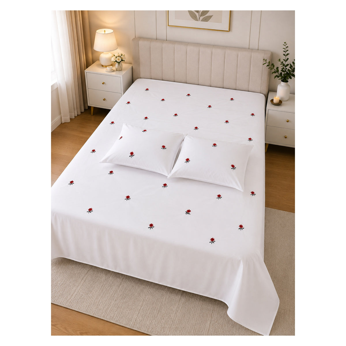 Floral Bloom Premium Pure Cotton King-Size Red Floral Embroidered Bedsheet Set
