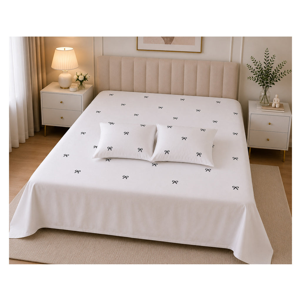 Floral Bloom Premium Pure Cotton King-Size White & Black Bow Embroidered Bedsheet Set