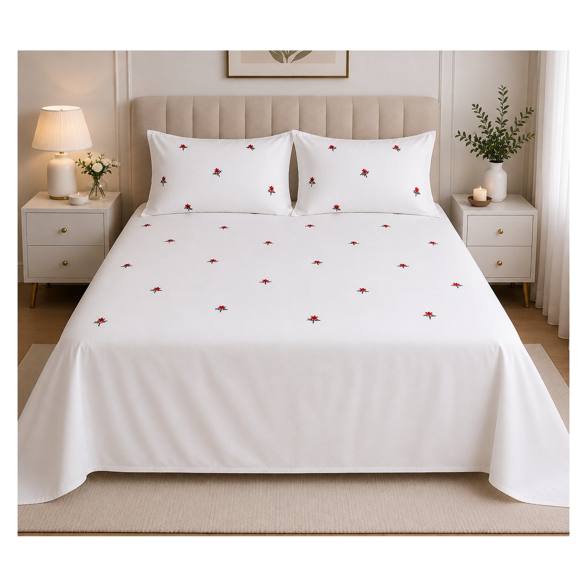 Floral Bloom Premium Pure Cotton King-Size Red Floral Embroidered Bedsheet Set