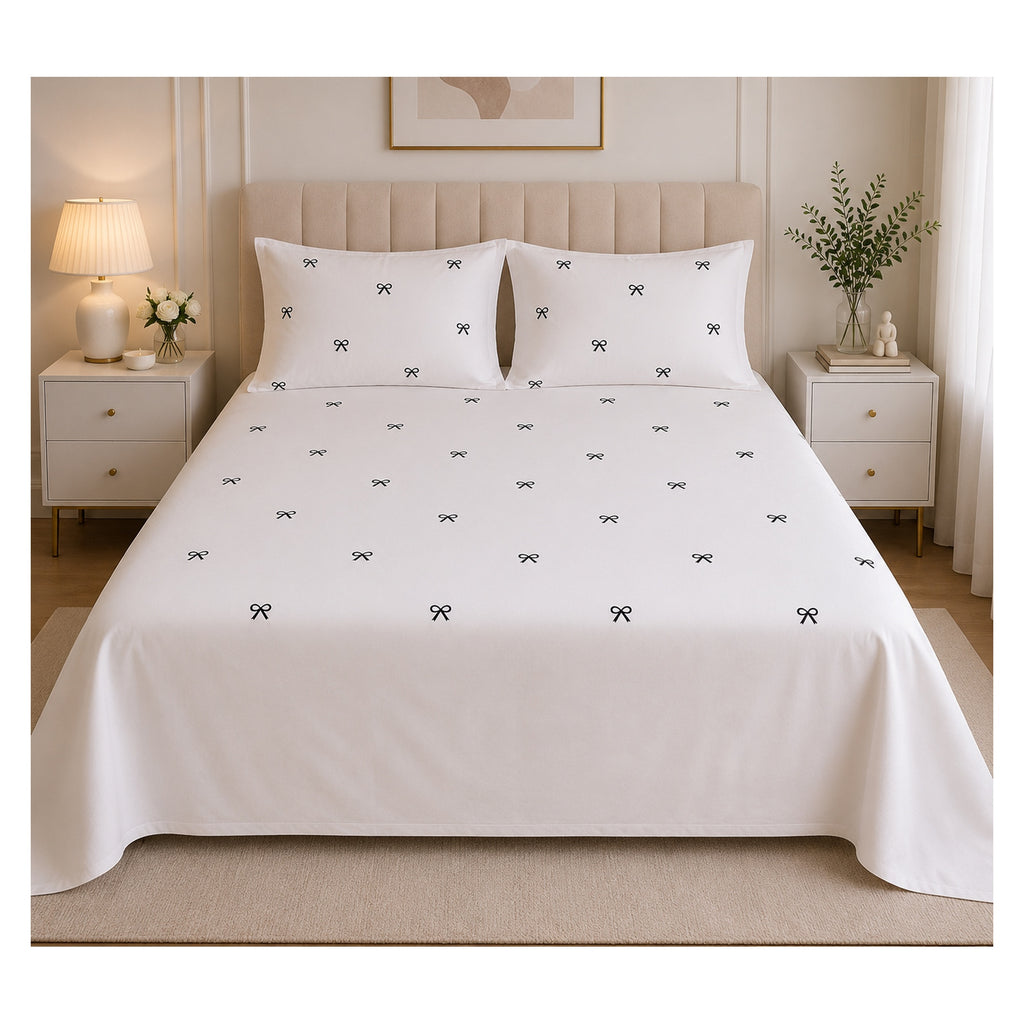Floral Bloom Premium Pure Cotton King-Size White & Black Bow Embroidered Bedsheet Set