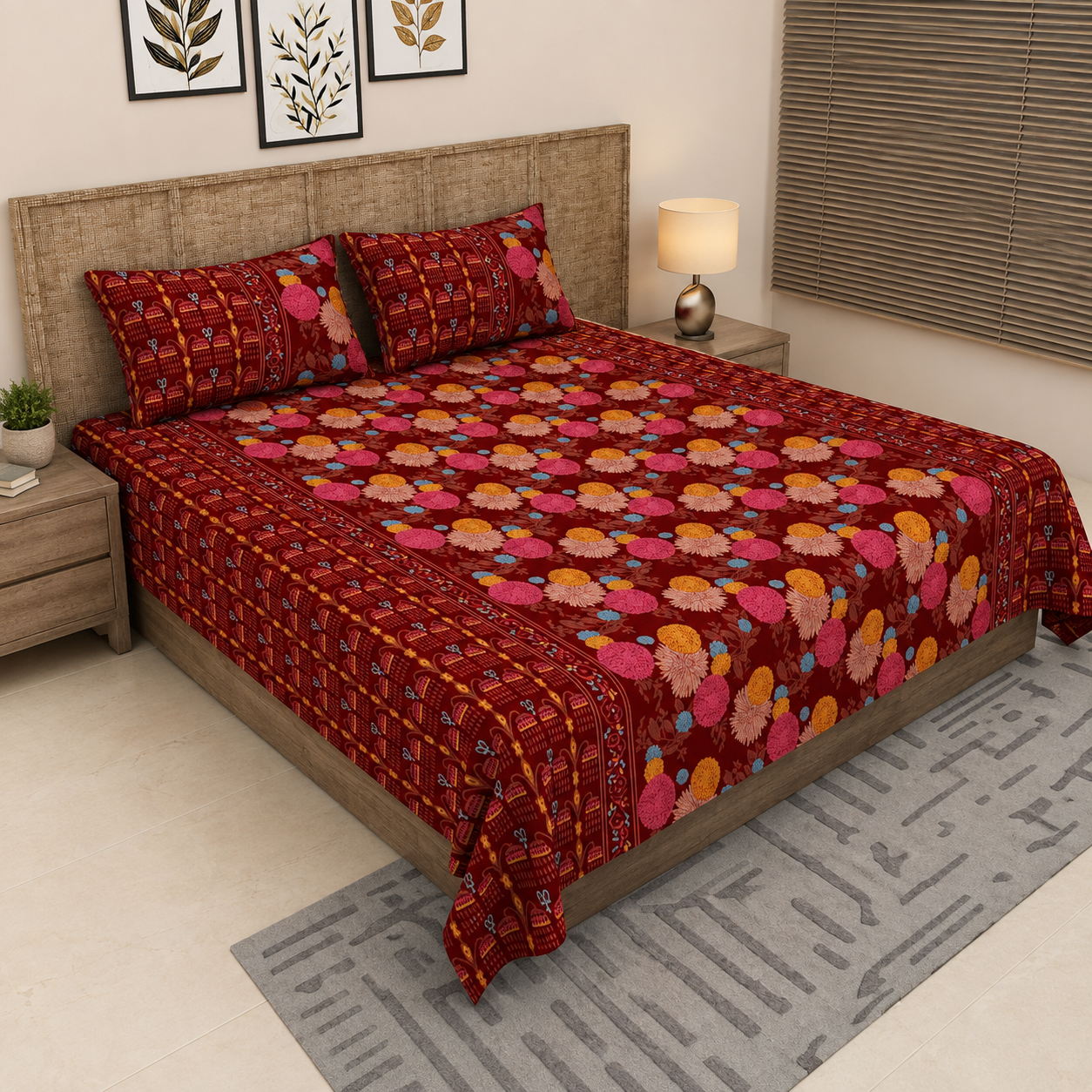 Sitara Maroon Floral & Paisley Printed King Size Pure Cotton Bedsheet Set