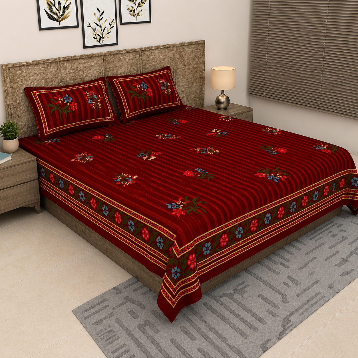 Sitara Elegant Maroon Floral Printed King Size Pure Cotton Bedsheet Set