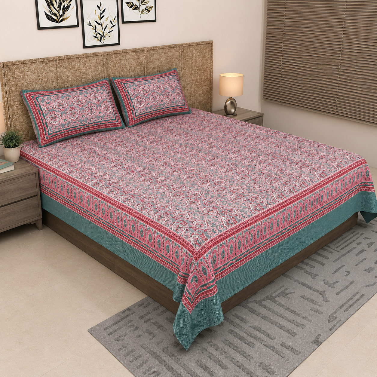 Sitara Elegant Pink & Teal Printed King Size Pure Cotton Bedsheet Set