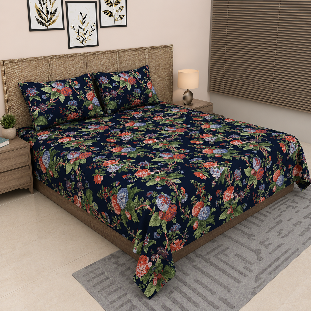 Sitara Elegant Navy Blue Floral Printed King Size Pure Cotton Bedsheet Set
