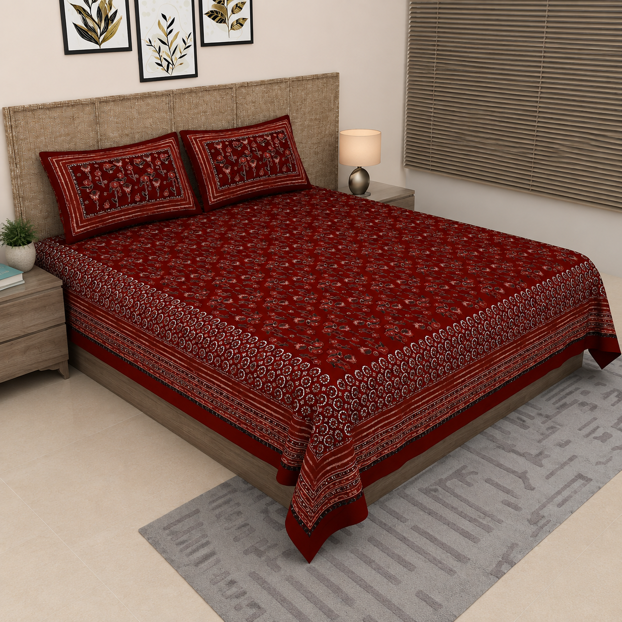 Sitara Maroon Paisley & Floral Block Print King Size Pure Cotton Bedsheet Set