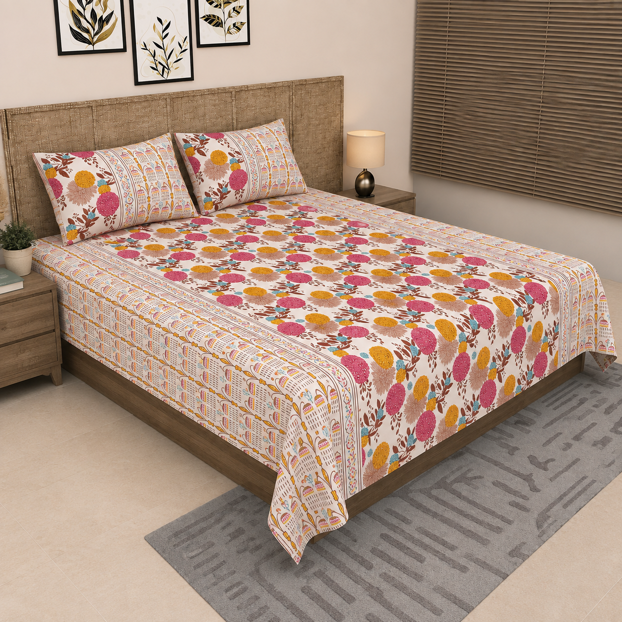 Sitara Multicolor Floral Printed King Size Pure Cotton Bedsheet Set
