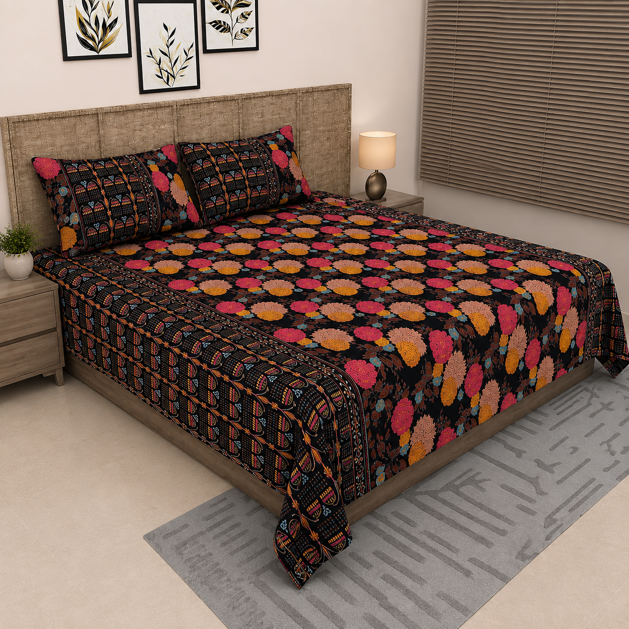 Sitara Black Multicolor Floral Printed King Size Pure Cotton Bedsheet Set