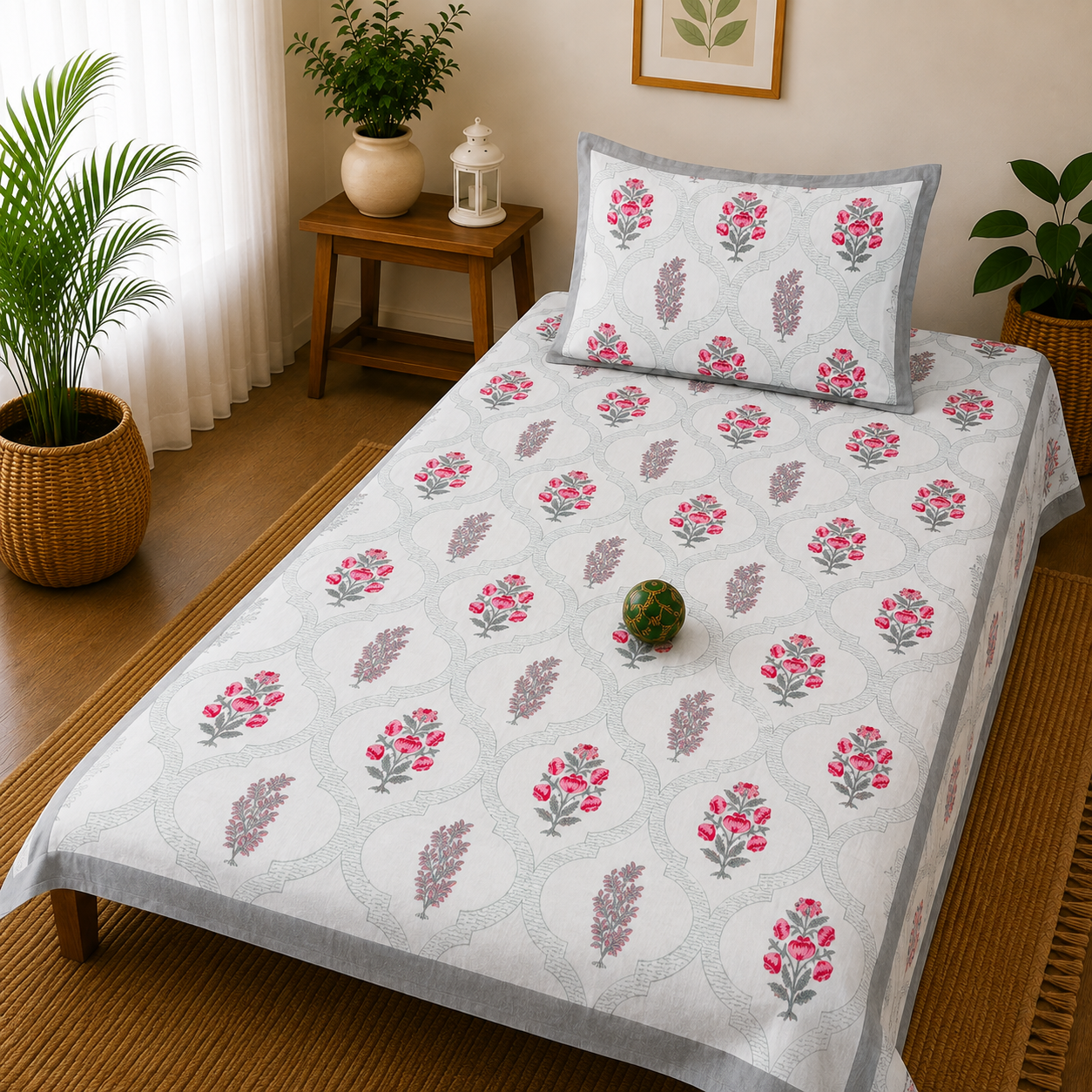 Rangsaaz Pink Floral Printed Single Bed Pure Cotton Bedsheet Set