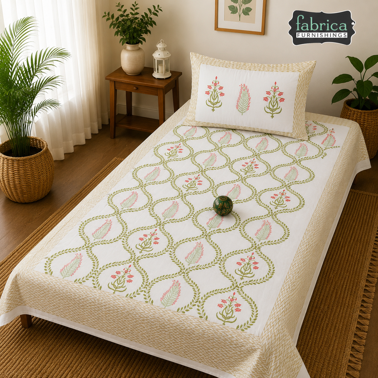 Rangsaaz Floral & Leaf Printed Single Bed Pure Cotton Bedsheet Set
