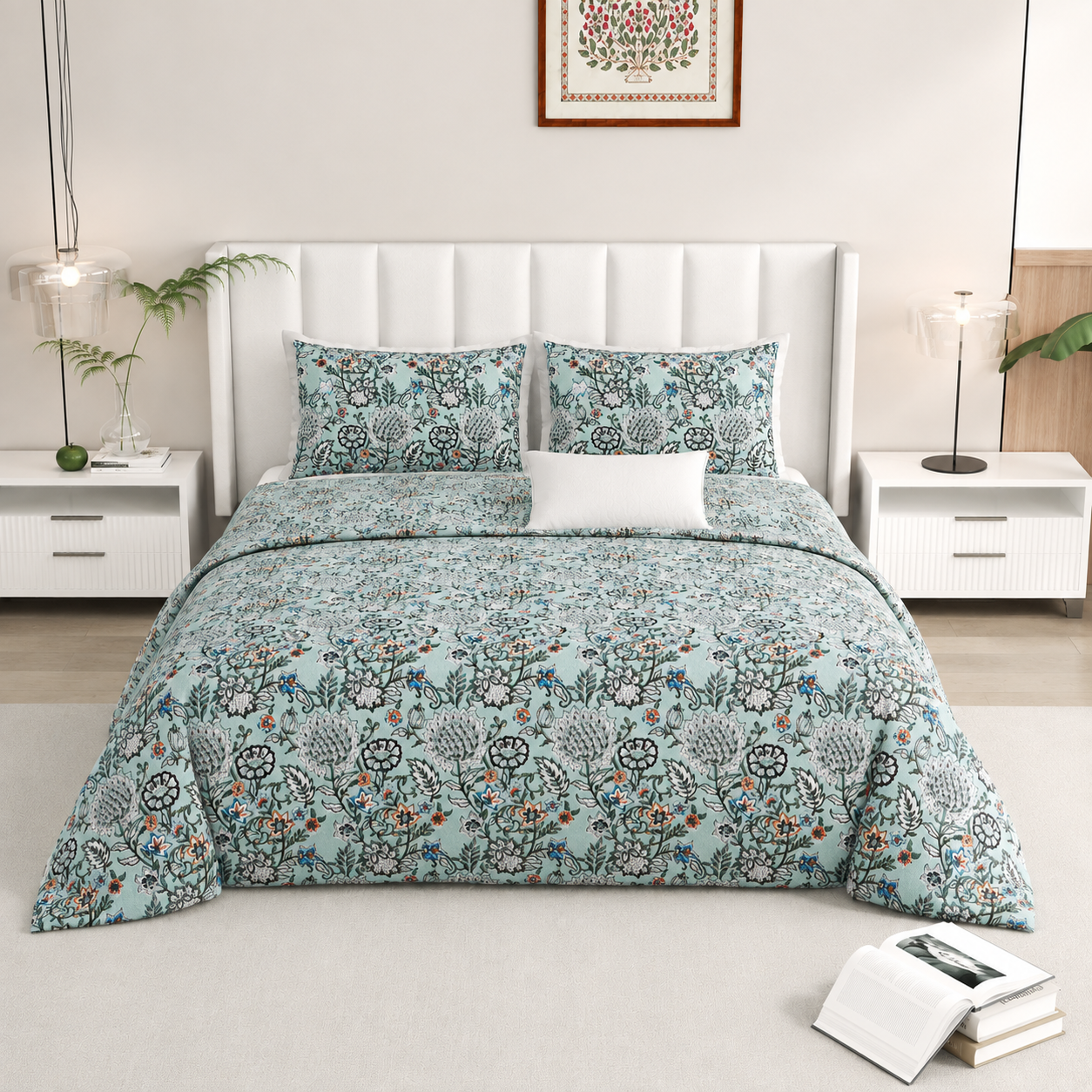 Rainbow Aqua Floral Printed Premium Cotton King Size Bedsheet Set