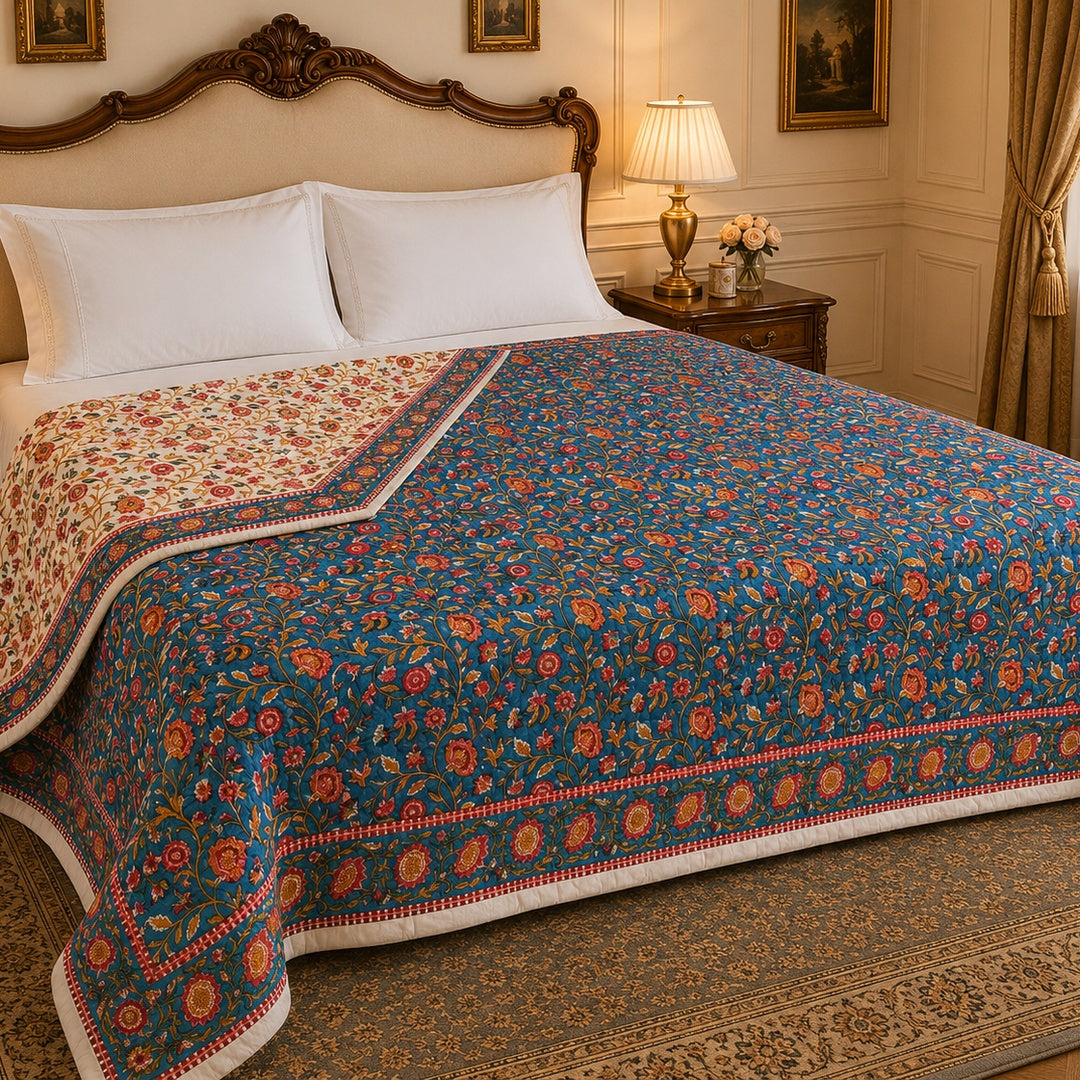 Chand Mahal Elegant Blue Floral Printed Double Bed Pure Mul Mul Cotton AC Quilt