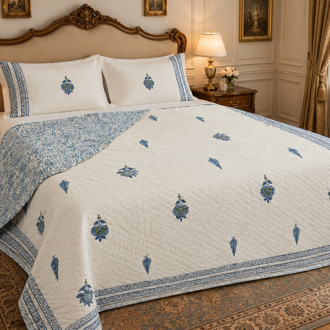 Chand Mahal Elegant Blue Floral Printed Double Bed Pure Mul Mul Cotton AC Quilt