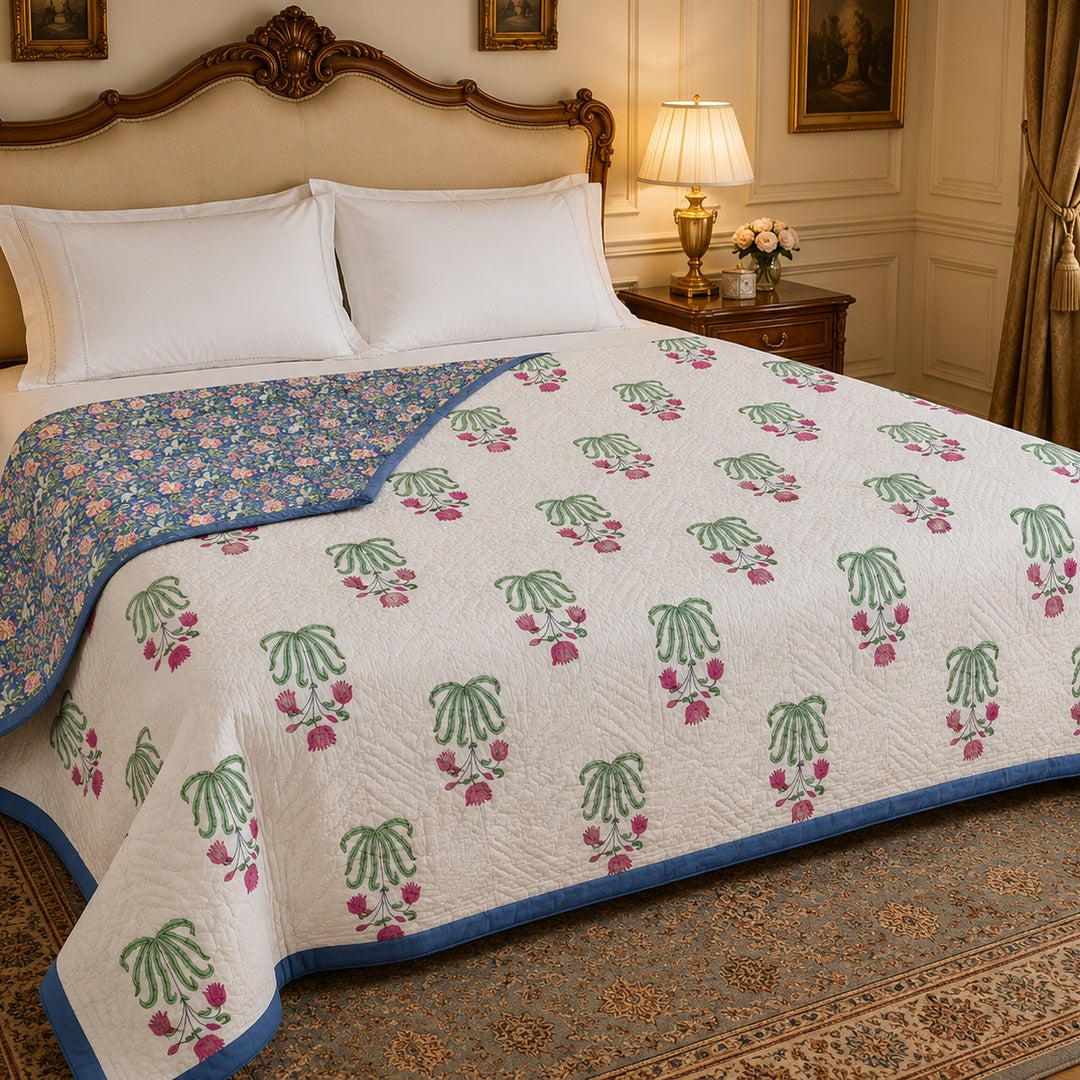 Chand Mahal Elegant Pink & Green Floral Printed Double Bed Pure Mul Mul Cotton AC Quilt