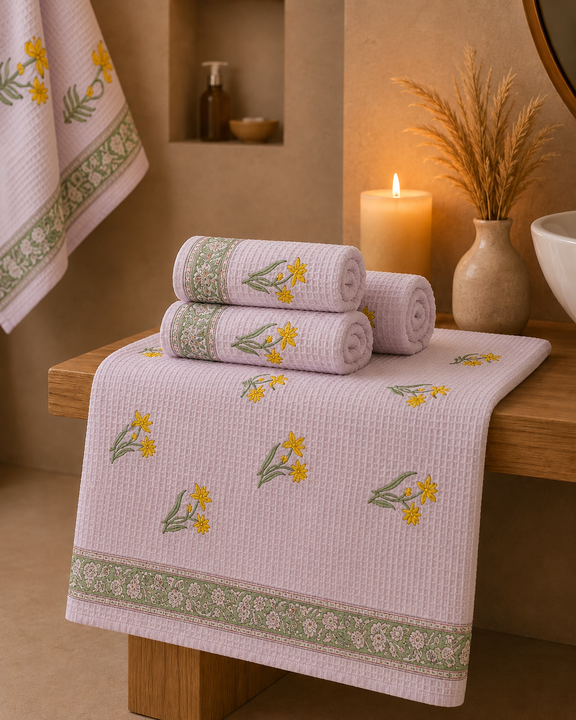 Floral Handcrafted Pure Cotton Waffle Towels – Set of 3