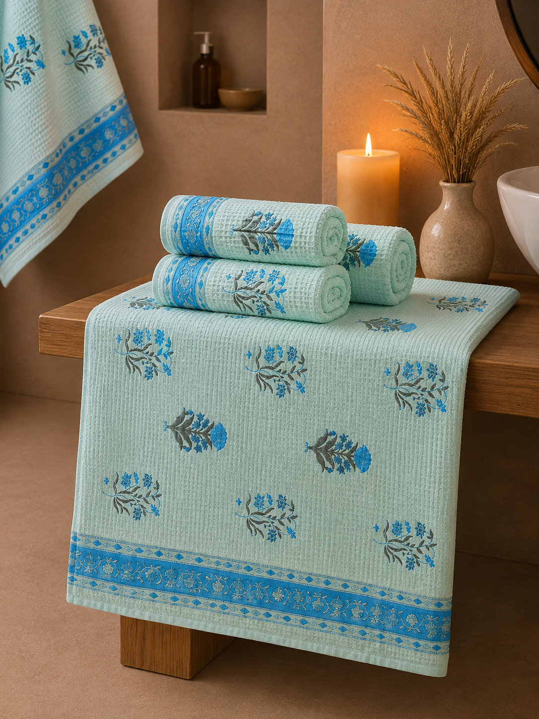 Aqua Floral Handcrafted Pure Cotton Waffle Towels – Set of 3
