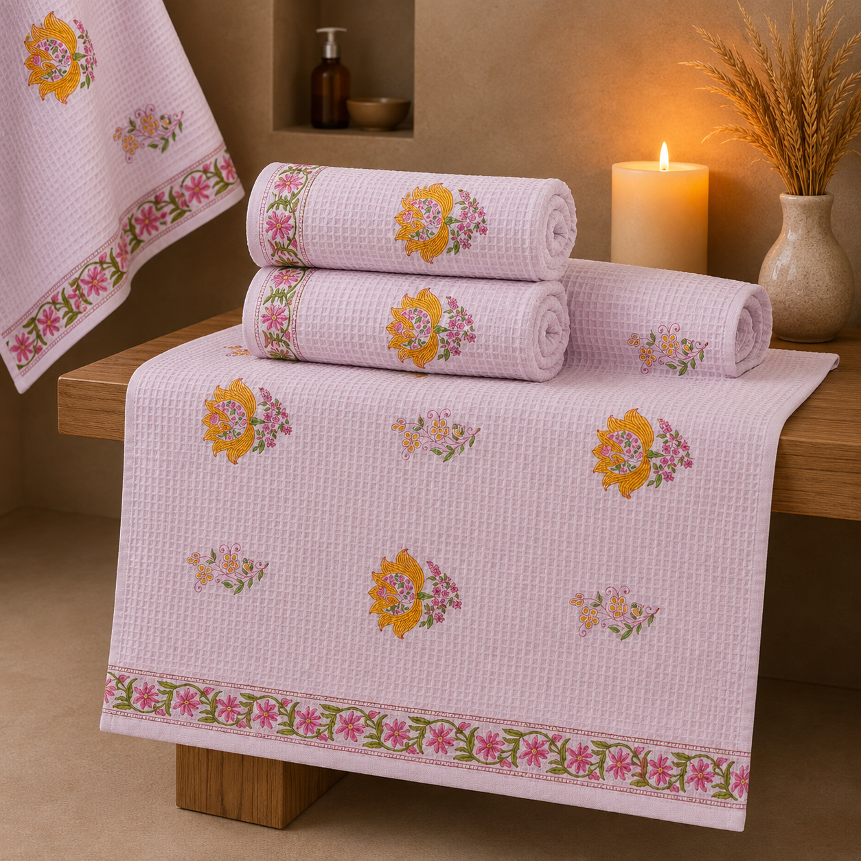 Pink Floral Handcrafted Pure Cotton Waffle Towels – Set of 3
