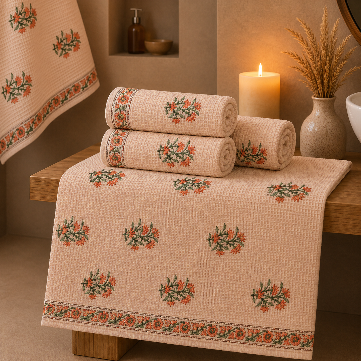 Peach Bloom Handcrafted Pure Cotton Waffle Towels – Set of 3
